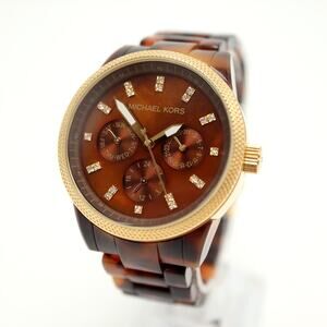 Michael Kors Tortoise Watch 37mm Brown MOP Day Date MK5038 w New Battery